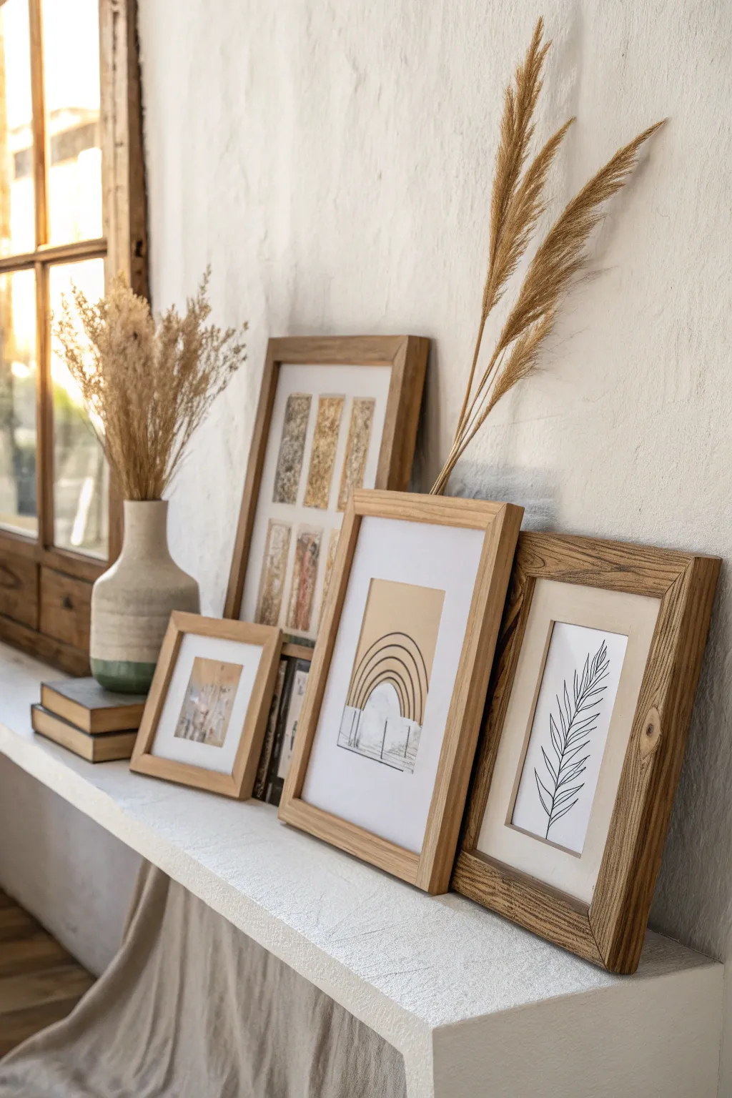 Create depth and charm by layering frames; a timeless touch for any hallway.