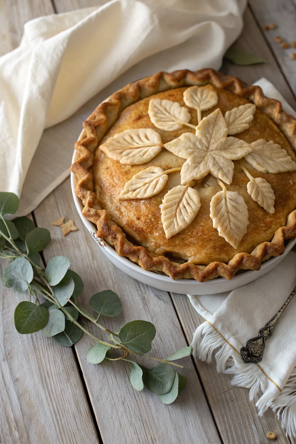 Elevate your pie with artful leaf accents for a cozy, rustic charm.