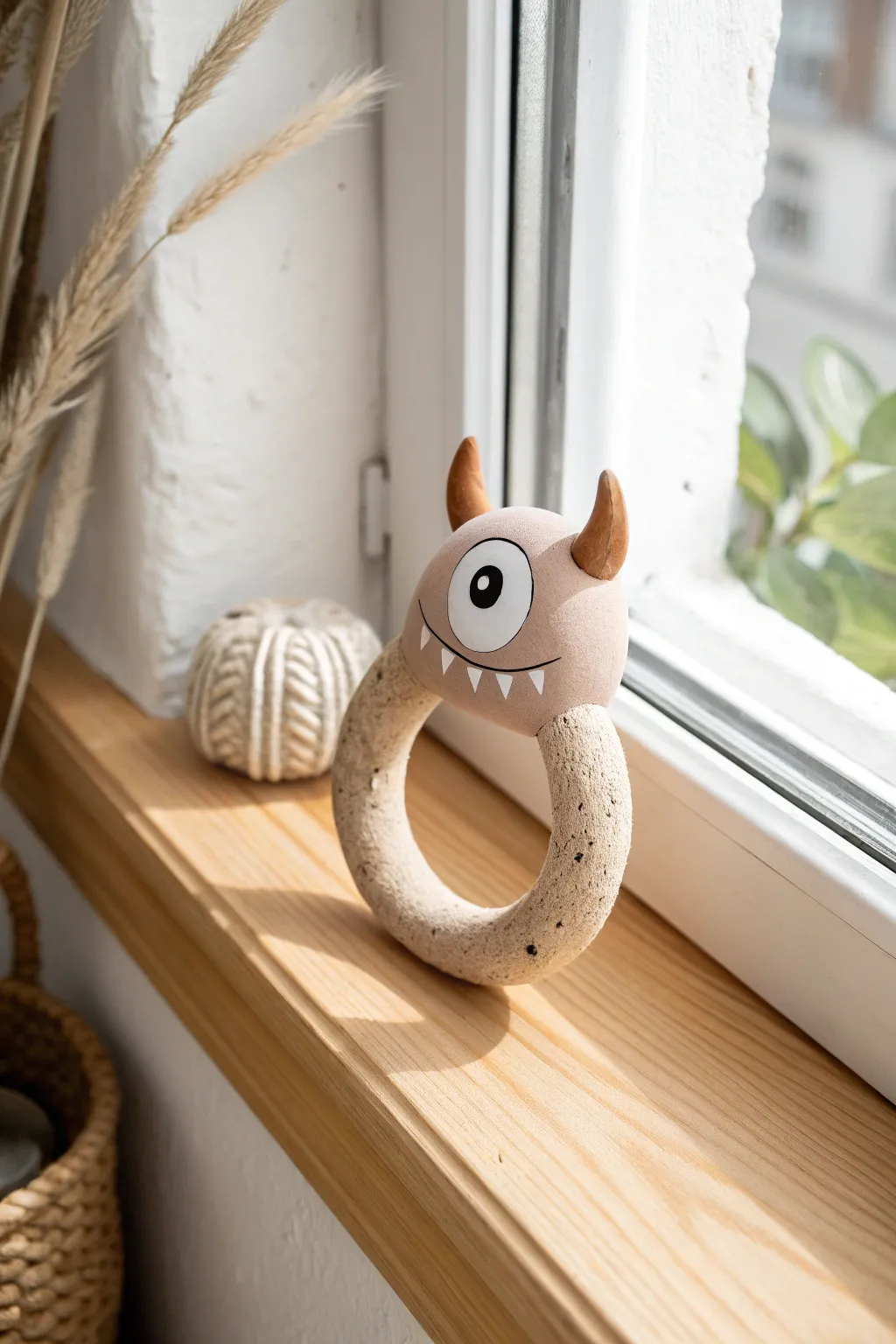 Meet the charming one-eyed monster rattle that brings joy and smiles to any room with its minimalist whimsy.