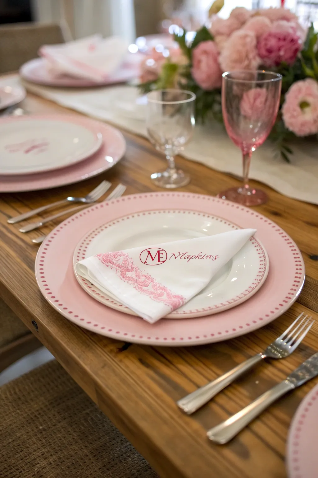 Elegant pink-accented plates paired with personalized napkins.