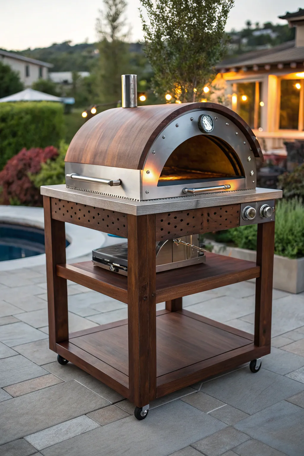 Elevate your outdoor cooking with this stunning wood and metal pizza oven stand.