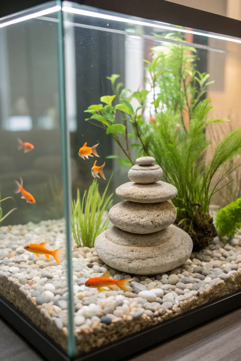 Discover tranquility with this Scandinavian-inspired goldfish tank, where natural stones meet vibrant life.