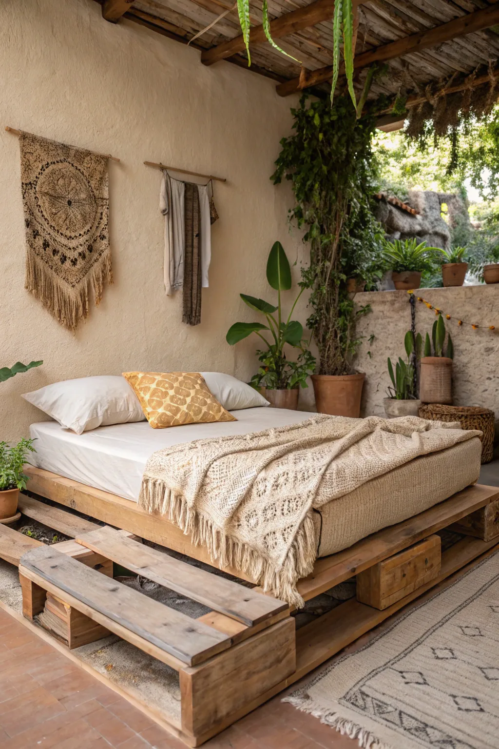 Natural wood platform bed creating a warm and organic bedroom ambiance.