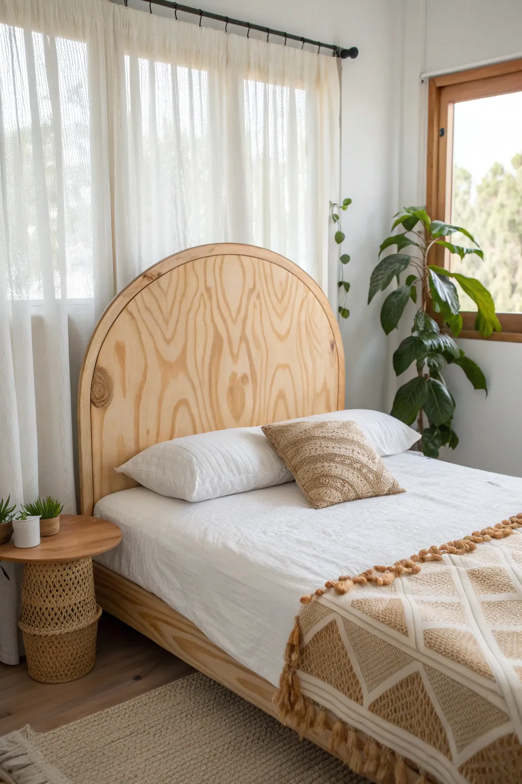Embrace the warmth of natural beauty with a handcrafted plywood headboard. #ScandiBoho #MinimalistCharm