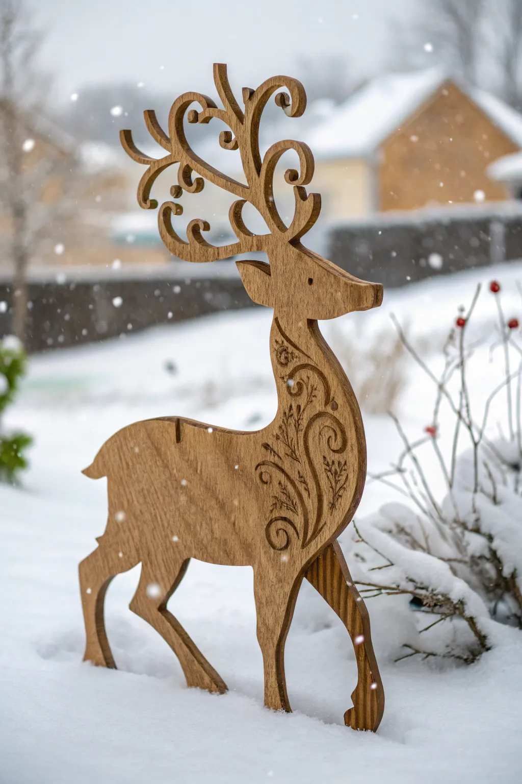 Elevate your holiday decor with this stunning handcrafted plywood reindeer, a masterpiece of craftsmanship against a winter wonderland.