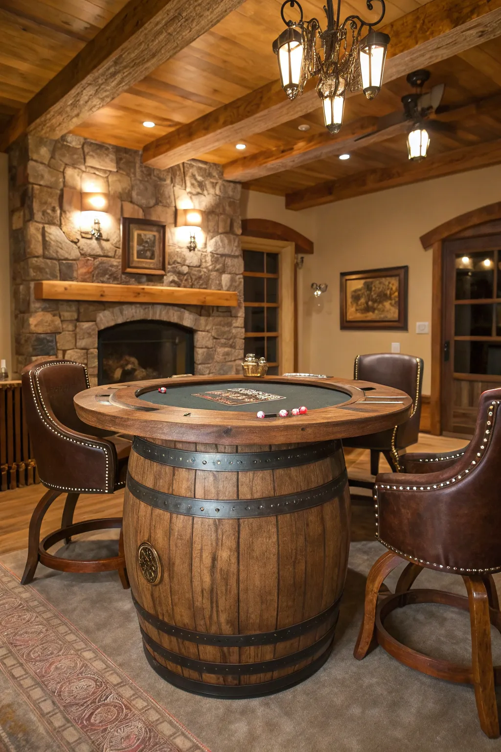 Elevate your game night with the timeless charm of a rustic barrel-base poker table.