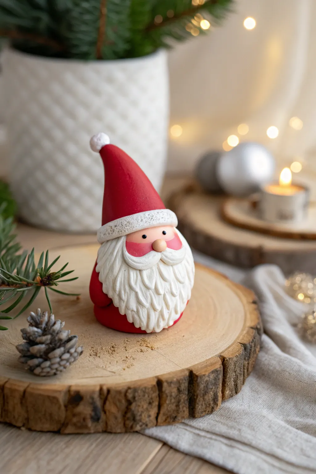 Delight in the simple joy of the season with this handcrafted polymer clay Santa, a perfect blend of Scandinavian minimalism and festive cheer.