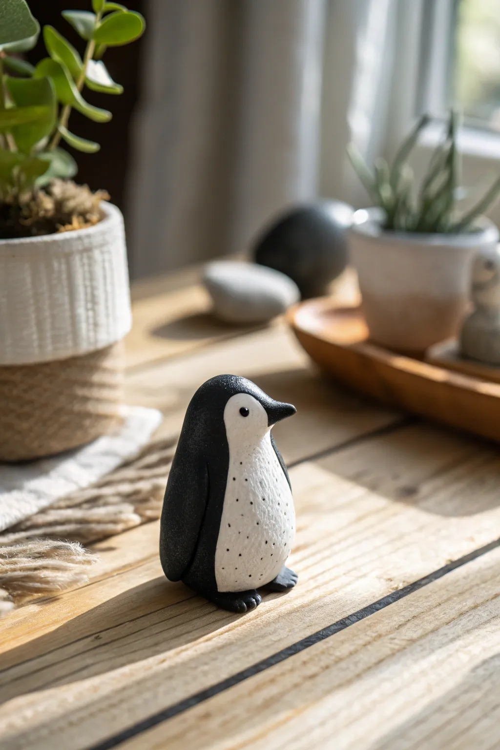 Whimsical charm meets minimalist design in this handcrafted polymer clay penguin.