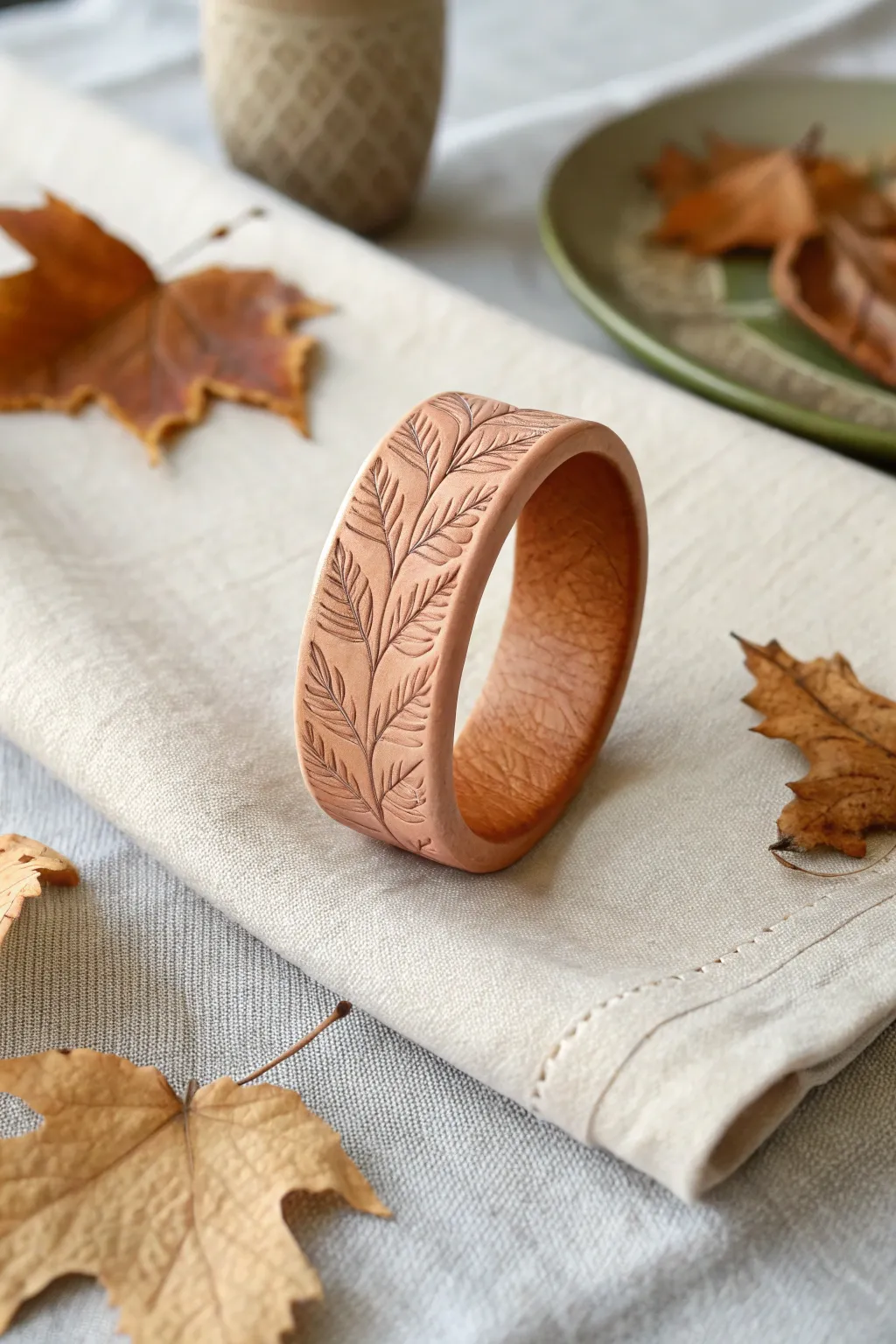 Elevate your table setting with handmade polymer clay napkin rings, featuring delicate leaf imprints for a touch of autumn charm.