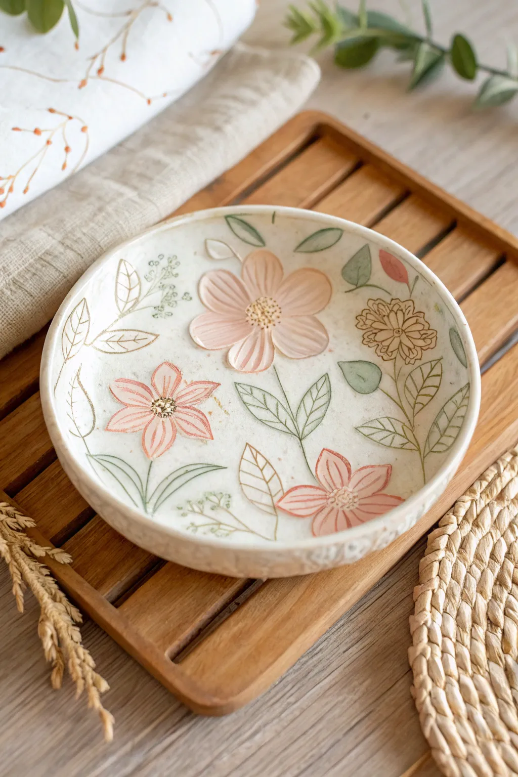 Elevate your space with this handcrafted floral trinket dish, perfect for holding your cherished jewelry or keys.