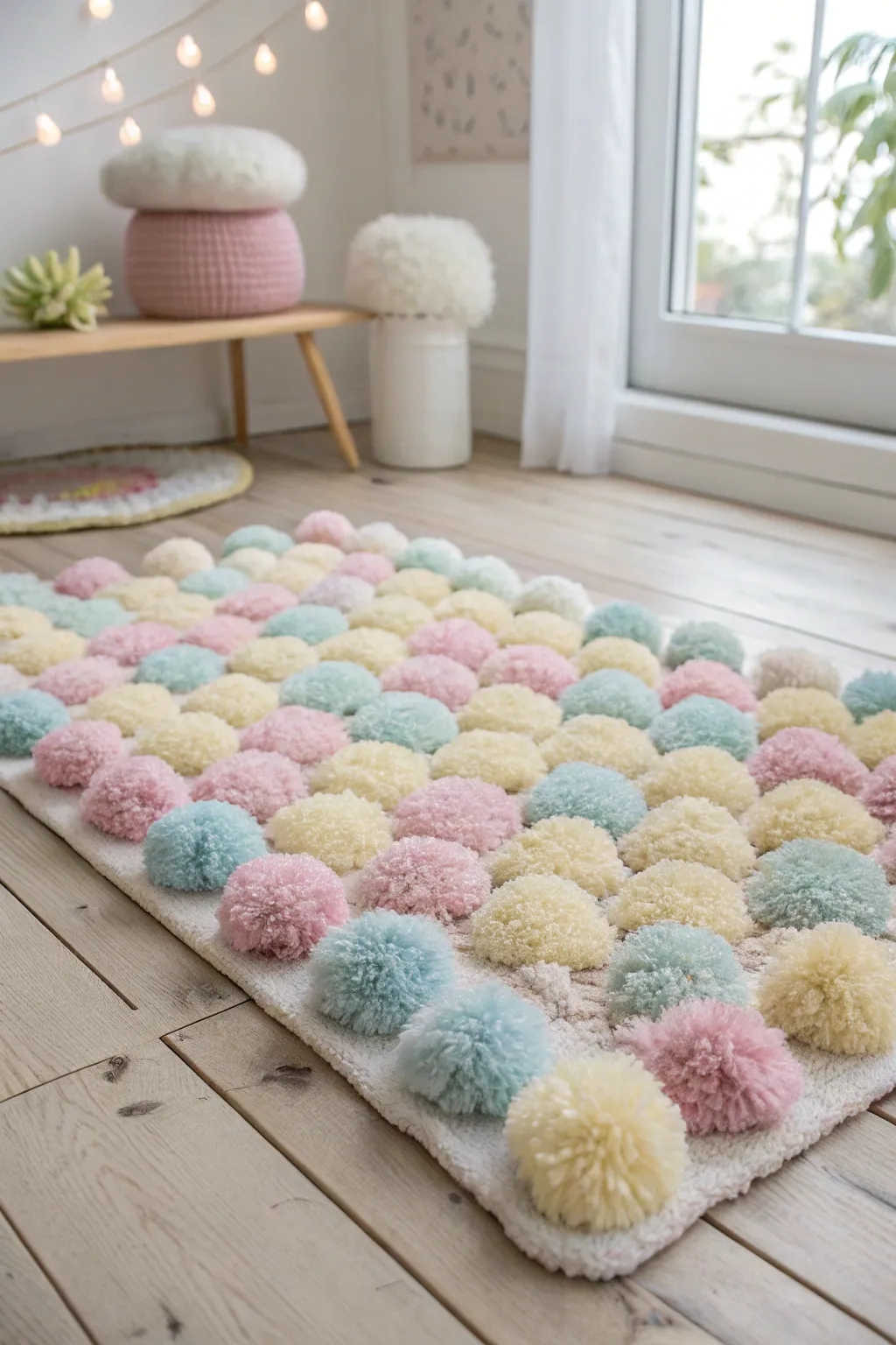 Step into a world of pastel dreams with this cozy pom pom rug, the perfect touch of softness for any minimalist sanctuary.
