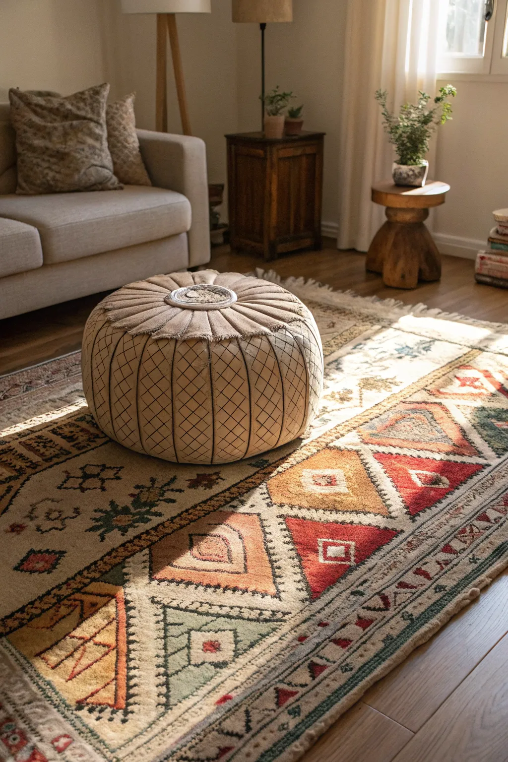 Layered rugs and poofs create a visually rich environment.
