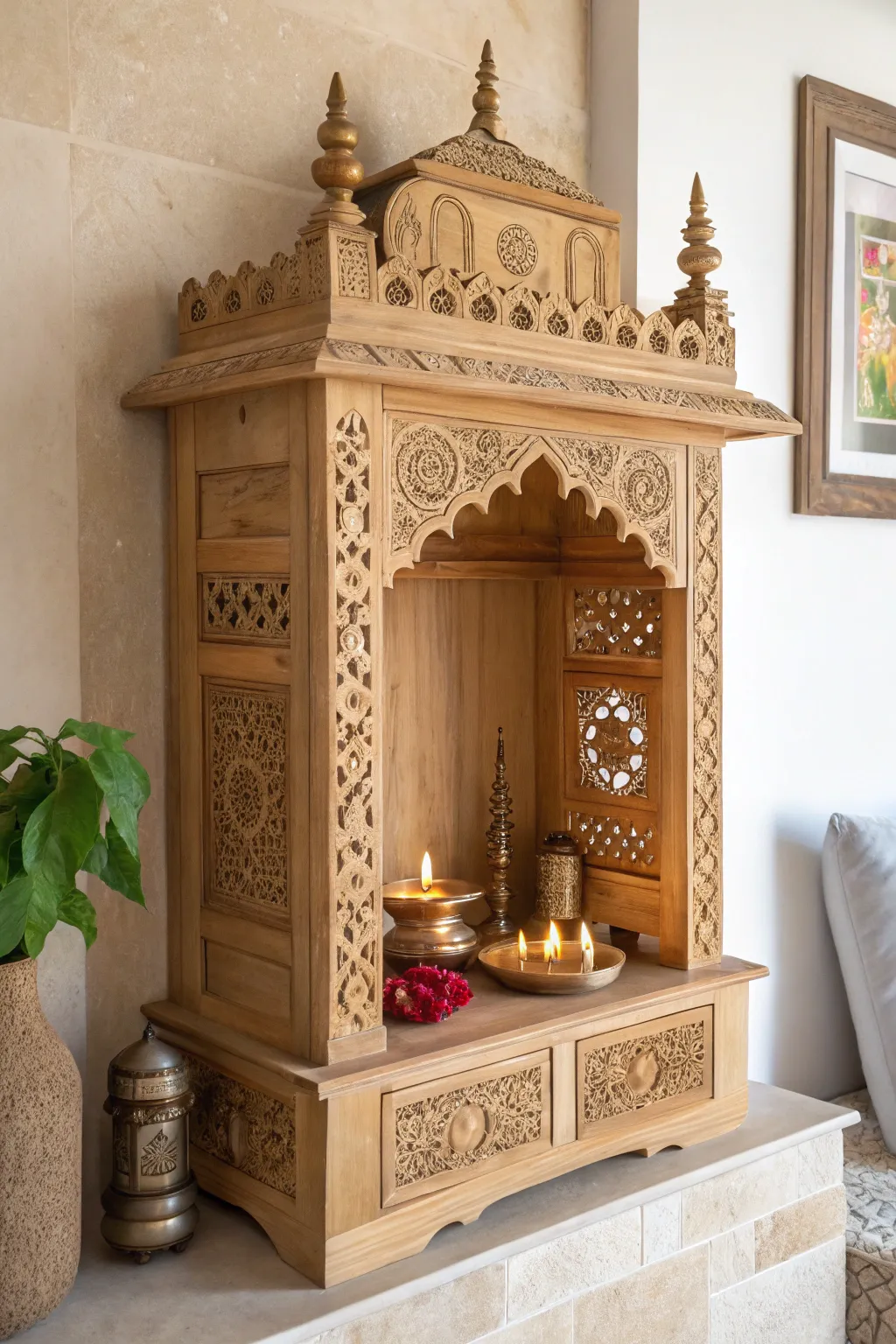 Embrace spirituality in style with a wall-mounted mandir—compact yet captivating.