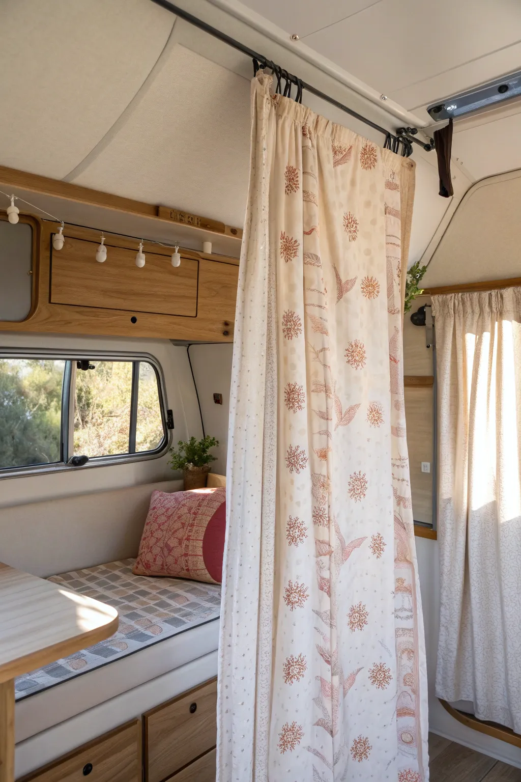Transform your camper with stylish, budget-friendly curtains made from repurposed bed sheets. 🌿✨ #CamperMakeover #MinimalistBoho