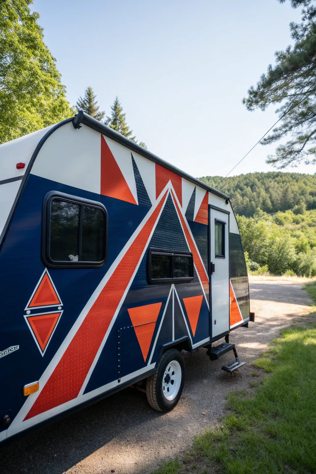 Turn heads on the road with a pop-up camper that boasts bold geometric patterns, crafted for the modern adventurer.