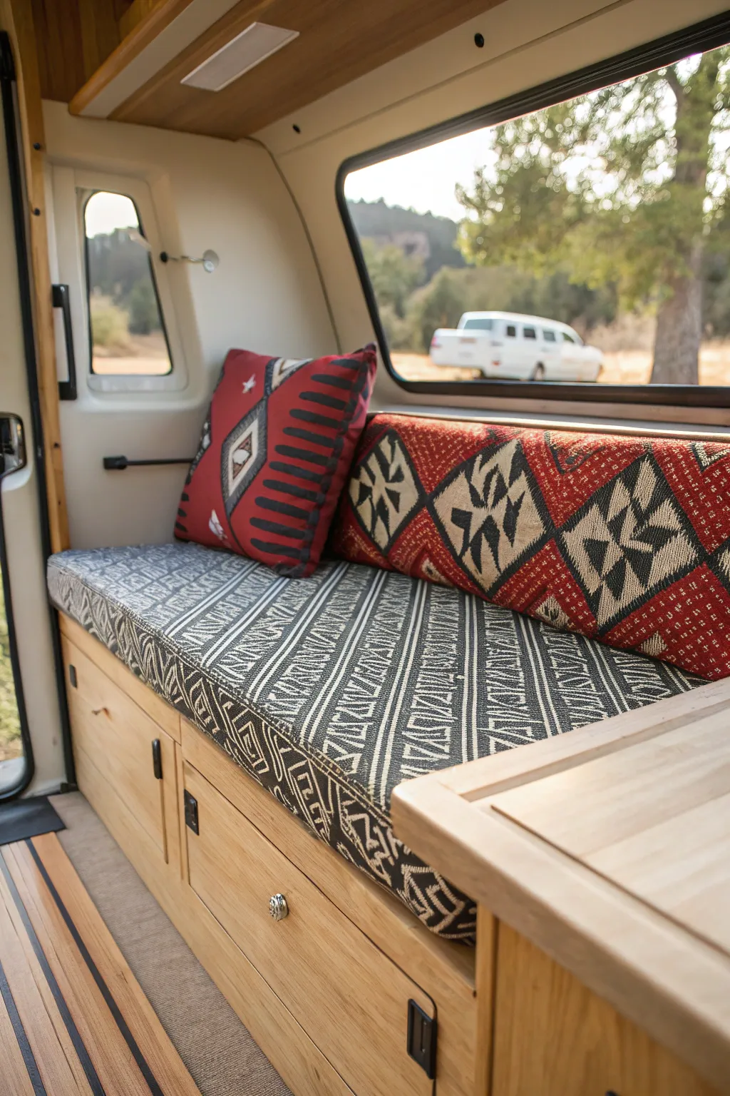 Revitalize your camper's interior with a bold cushion refresh – a perfect blend of style and craftsmanship.