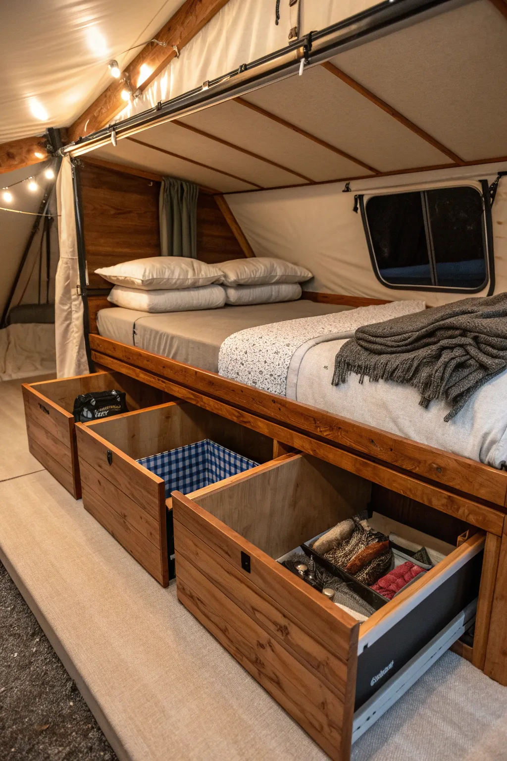 Maximize your space with stylish under-bed storage solutions in your pop-up camper.