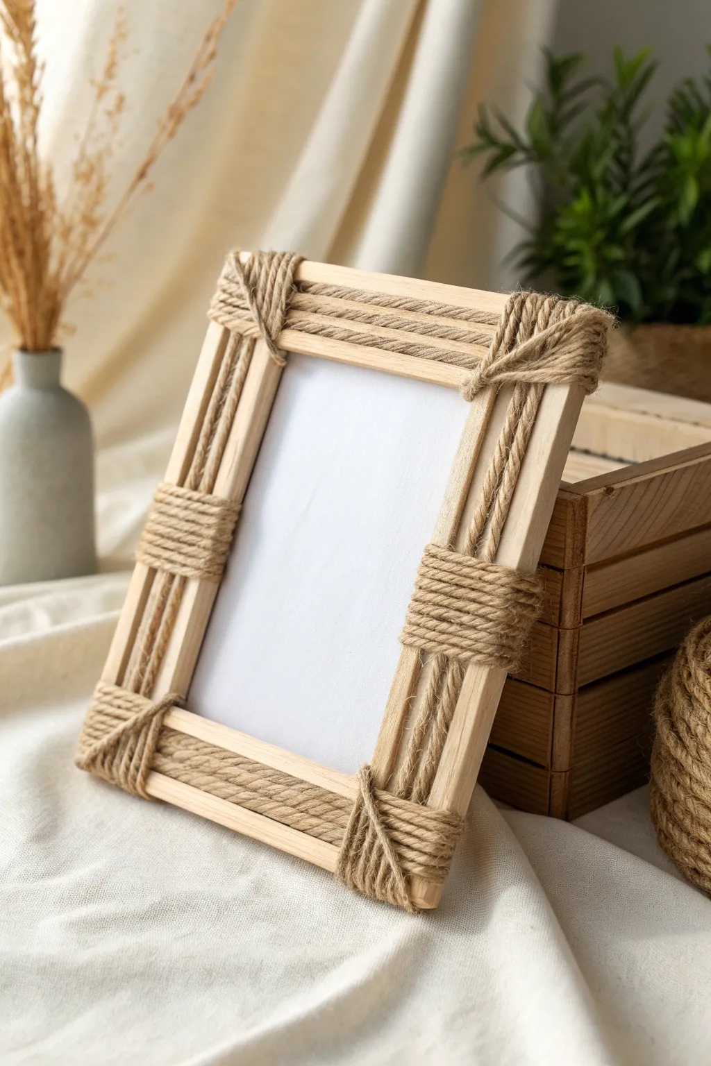 Embrace rustic elegance with a handcrafted popsicle stick frame wrapped in twine—perfect for adding a touch of cozy charm to your decor.
