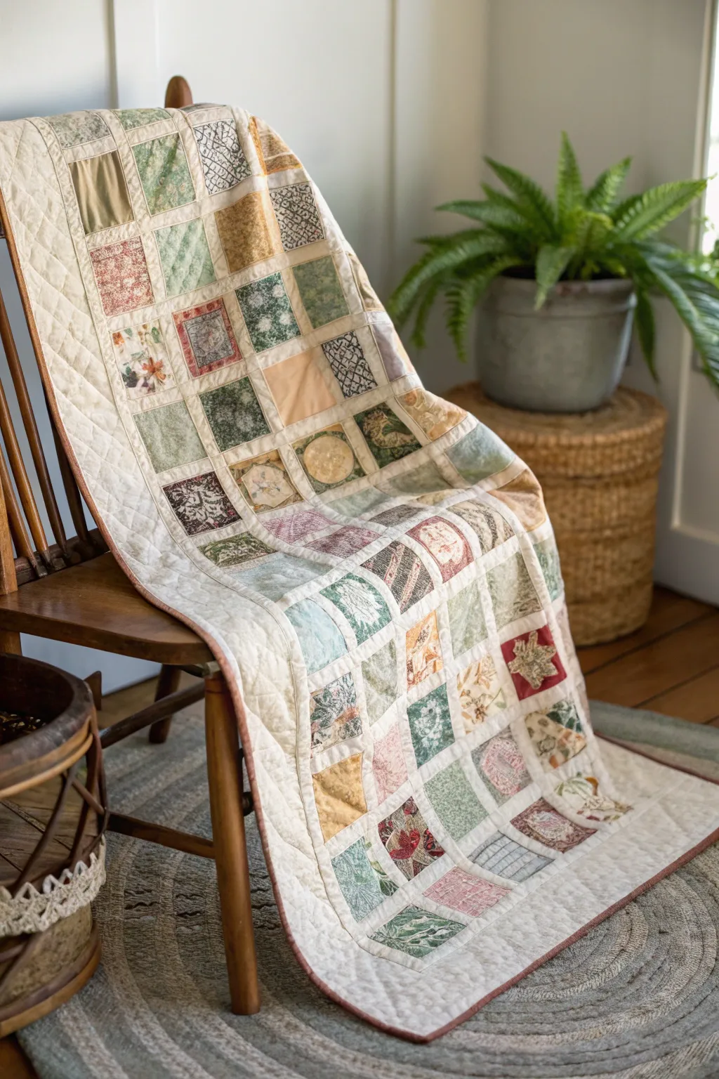 Embrace nostalgia with a vintage-inspired postage stamp quilt, where each stitch tells a story.