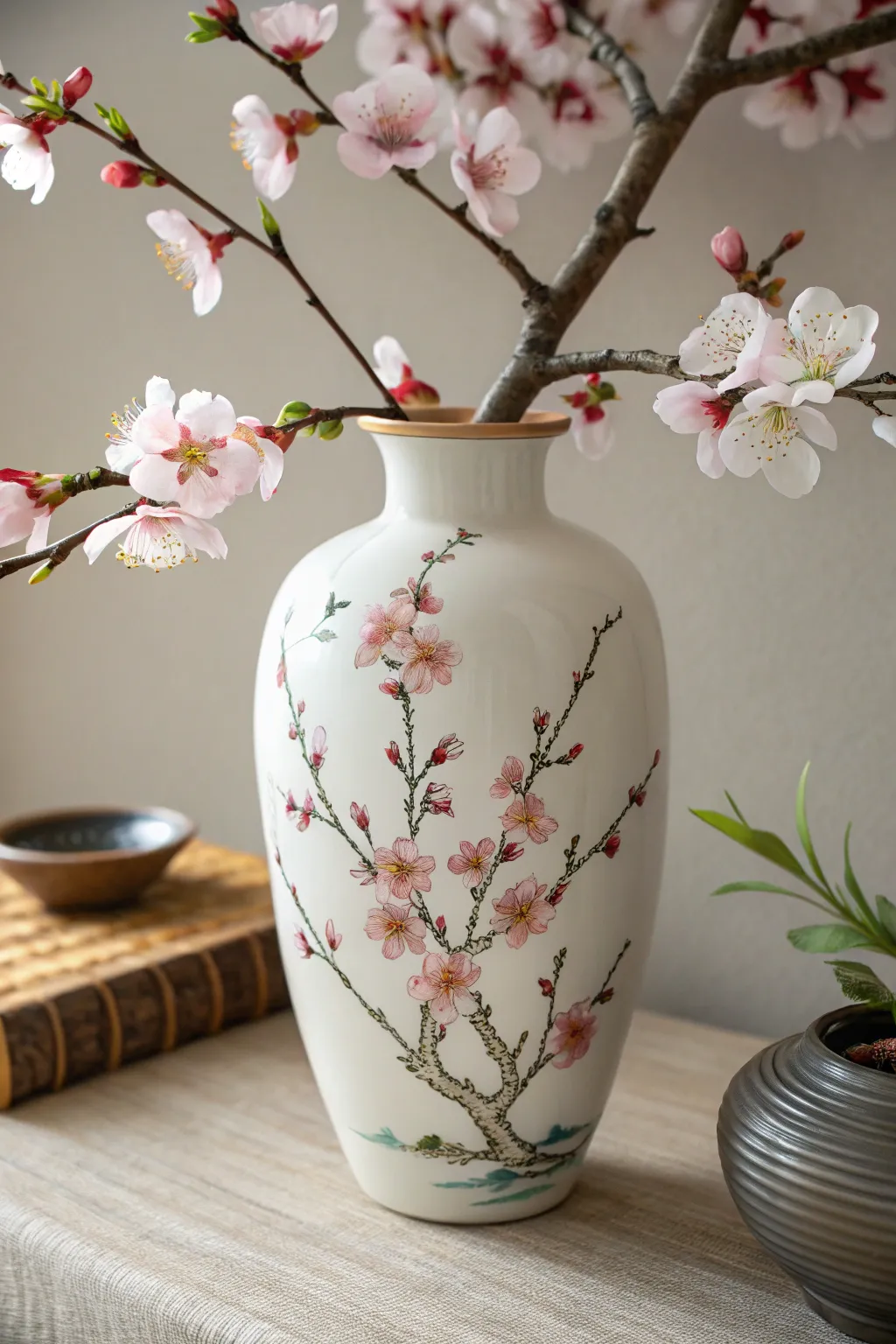 Embrace the tranquility of spring with this cherry blossom-adorned vase, capturing the essence of minimalist beauty and craftsmanship.