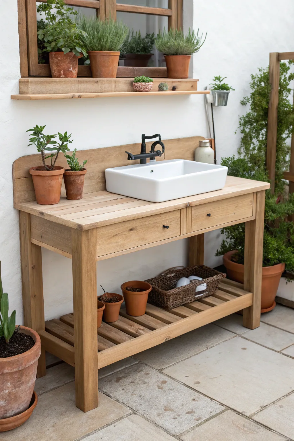 Transform your gardening routine with a chic potting bench featuring a built-in sink – where simplicity meets functionality.