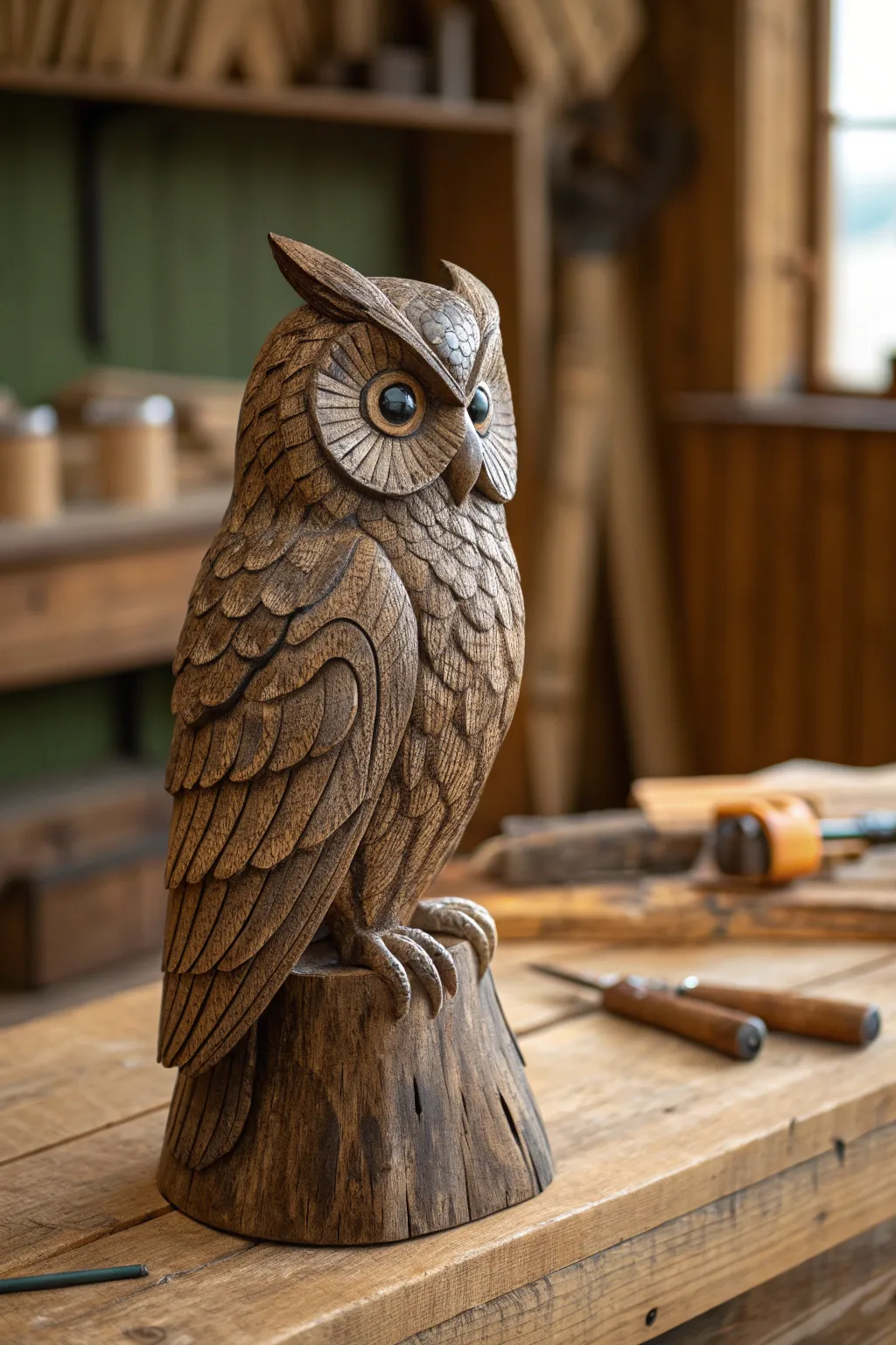 Embrace the wild with this masterful wooden owl carving—perfect for adding a touch of nature to your decor.