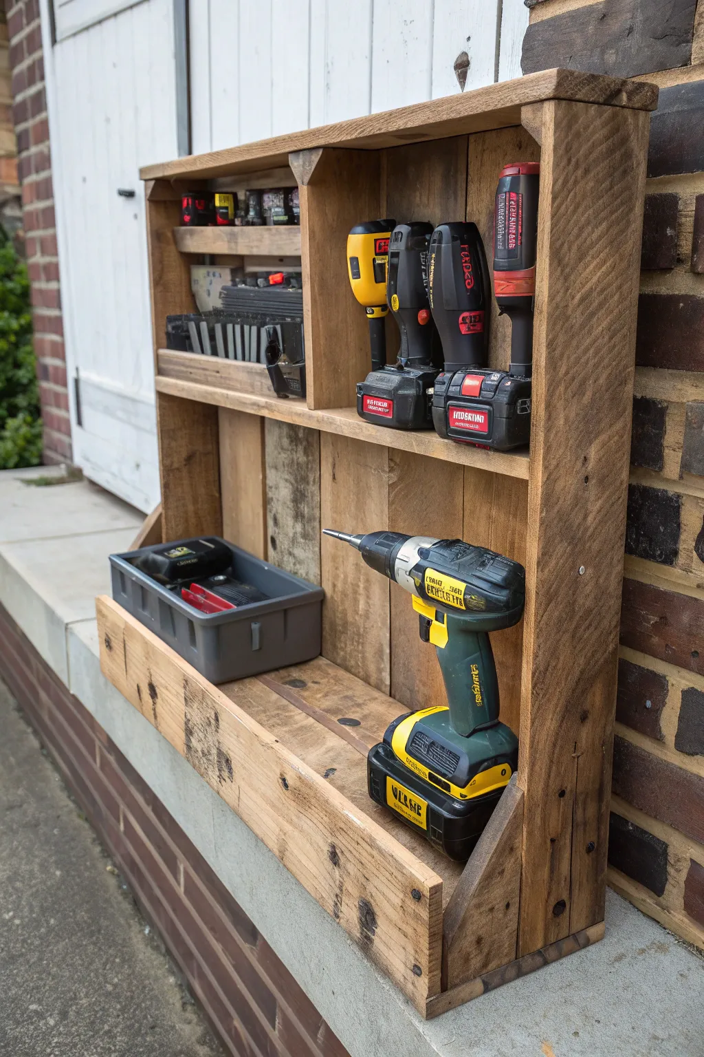 Transform your workshop with a rustic power tool organizer crafted from repurposed pallets. Embrace eco-friendly elegance and functionality!