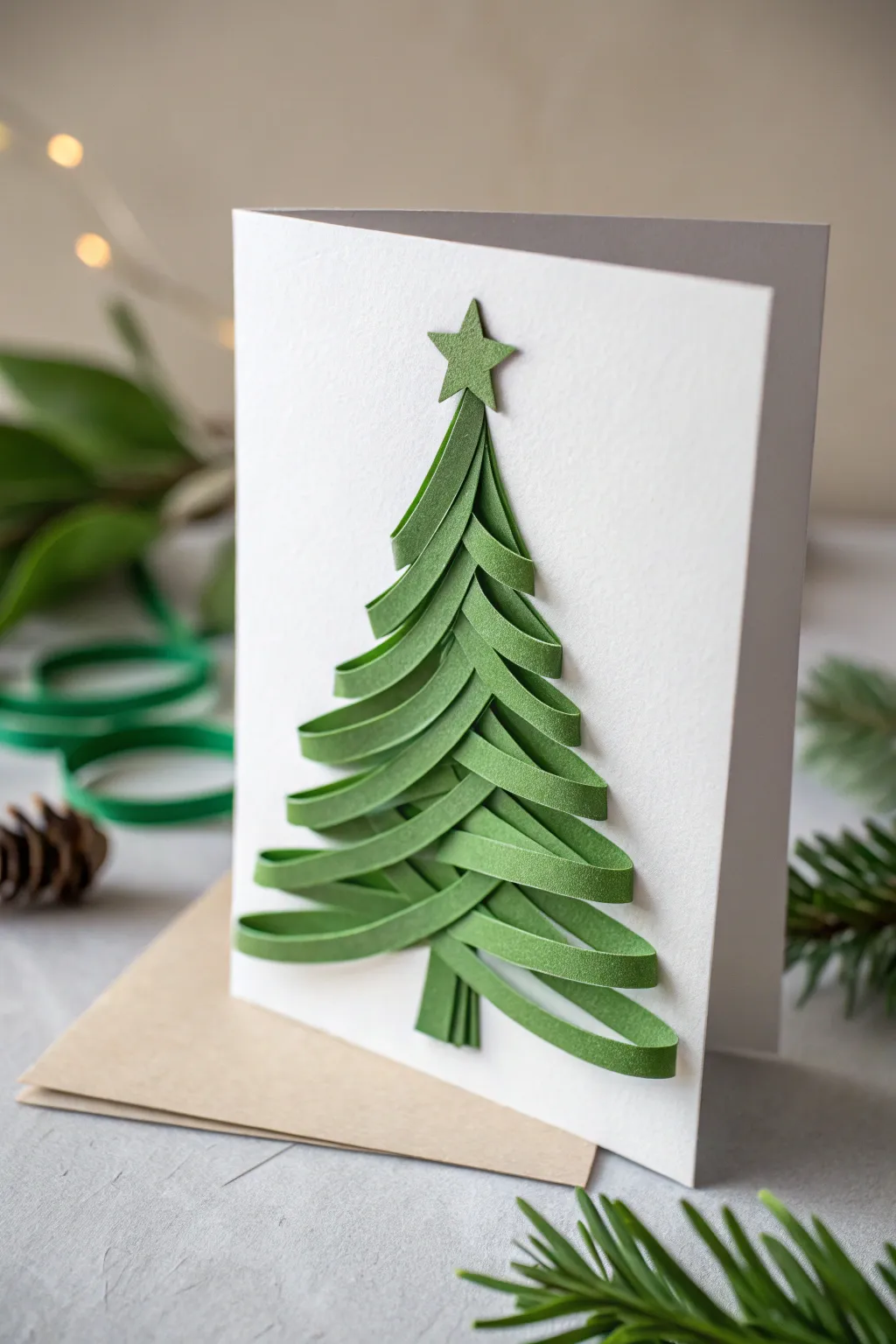 Celebrate the season with handcrafted elegance: a minimalist paper strip Christmas tree card.