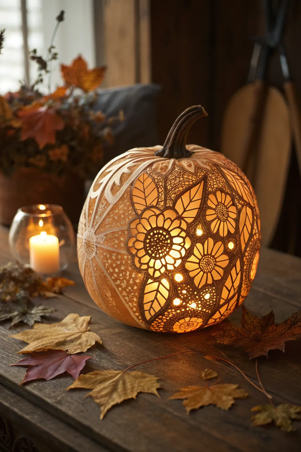 Master the art of pumpkin carving with intricate lace patterns that dazzle.