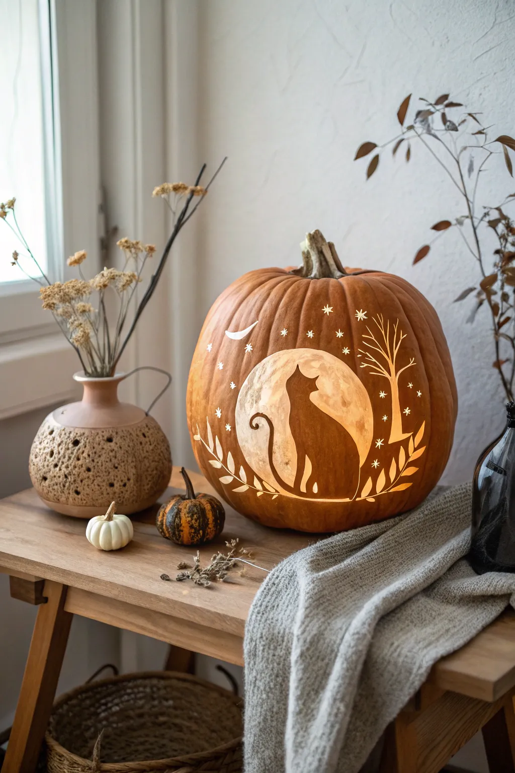 Enchant your autumn evenings with a magical moonlit cat carving, blending minimalist elegance with a boho touch.