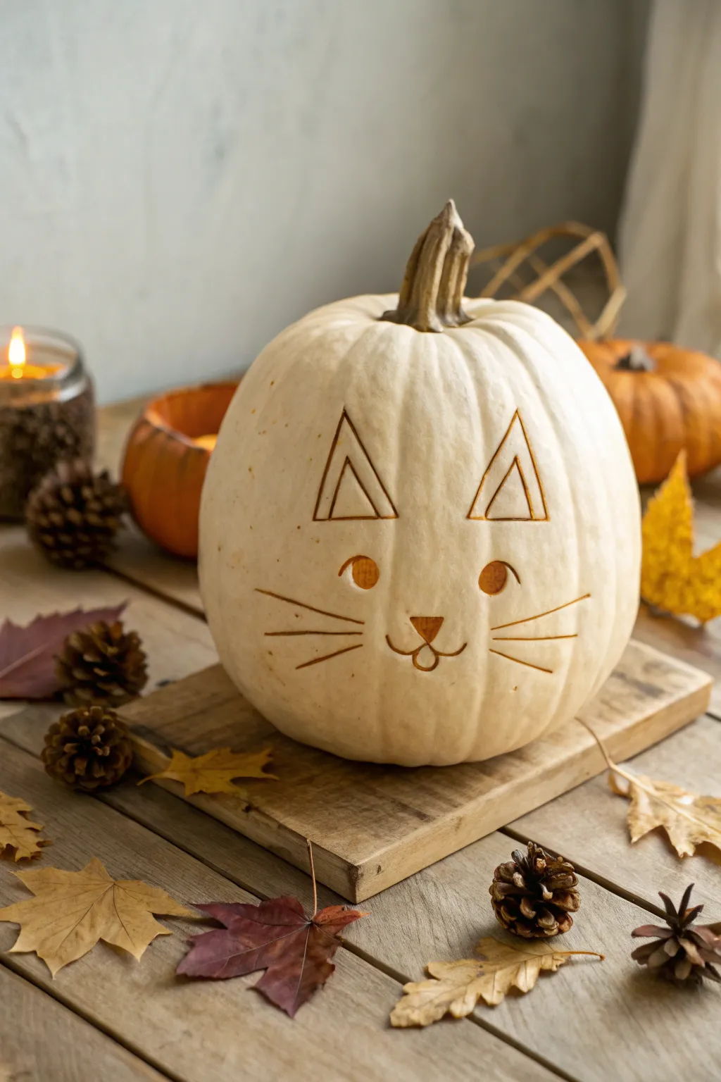 Embrace the charm of simplicity with this adorable cat face pumpkin carving, perfect for adding a playful touch to your Halloween decor.
