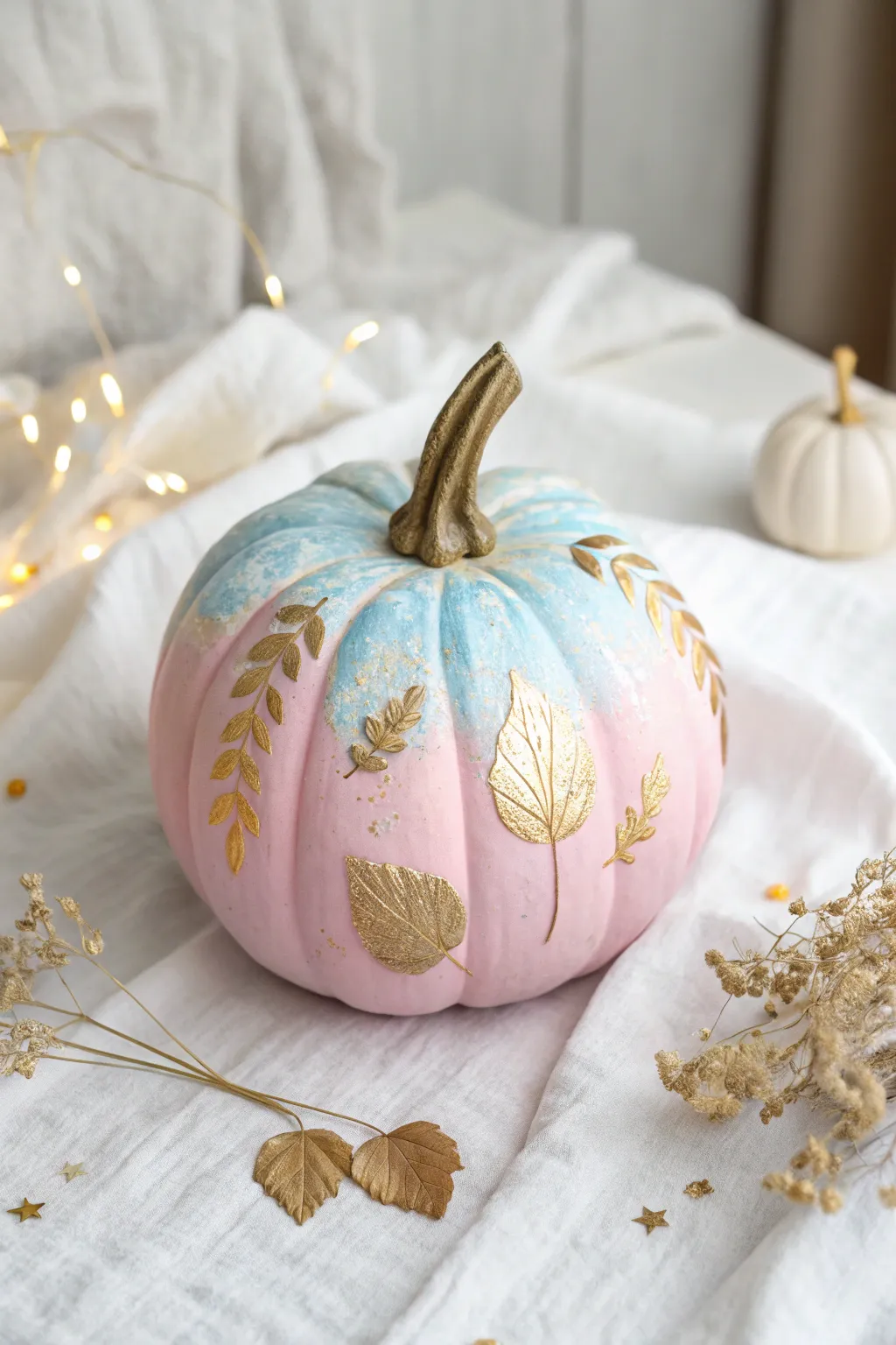 Transform your pumpkin into a pastel fairy tale masterpiece with soft hues and a hint of gold.
