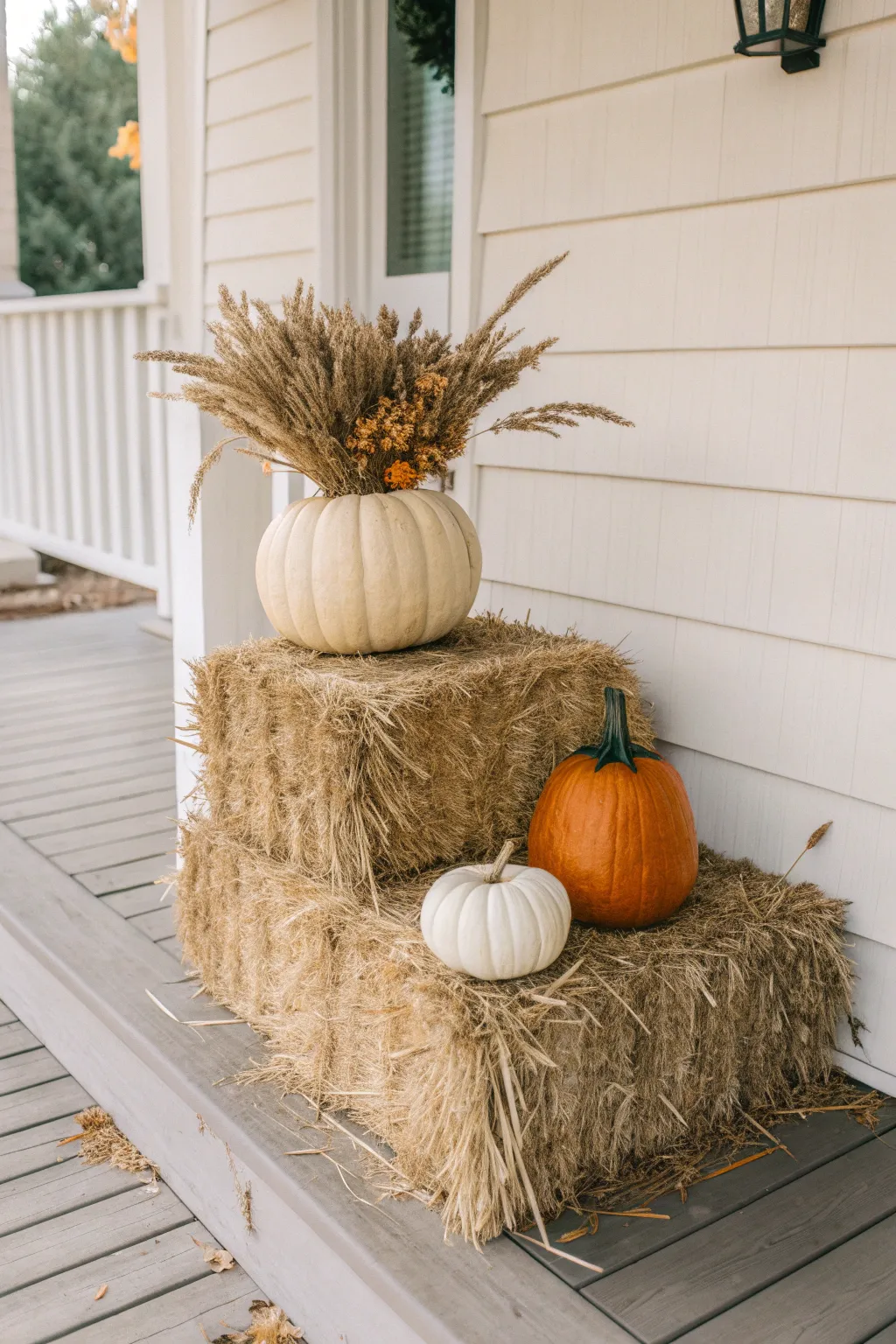 Elevate your porch decor with a rustic pumpkin stand on a hay bale base—simple, natural, and effortlessly beautiful.