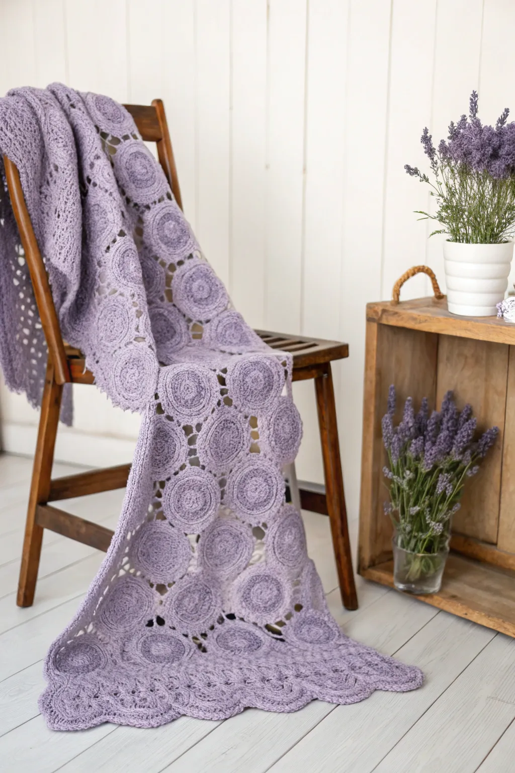 Wrap yourself in the elegance of lavender blooms with this exquisite crochet shawl, perfect for adding a touch of sophistication to any outfit.