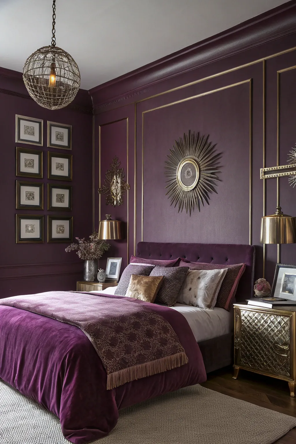 Deep plum walls create a dramatic and luxurious atmosphere.