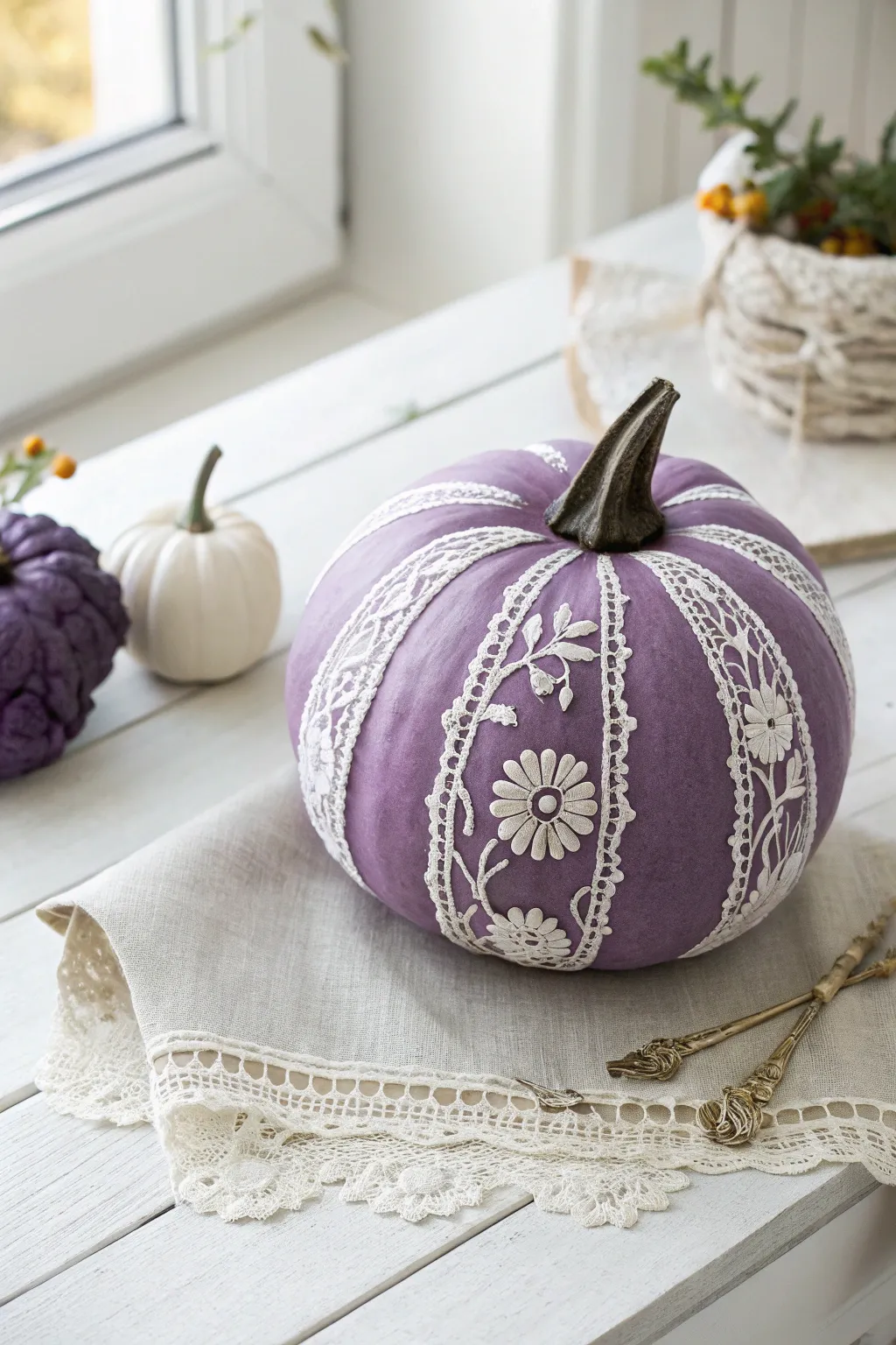 Elevate your autumn decor with a touch of elegance: a purple pumpkin adorned with exquisite lace patterns.