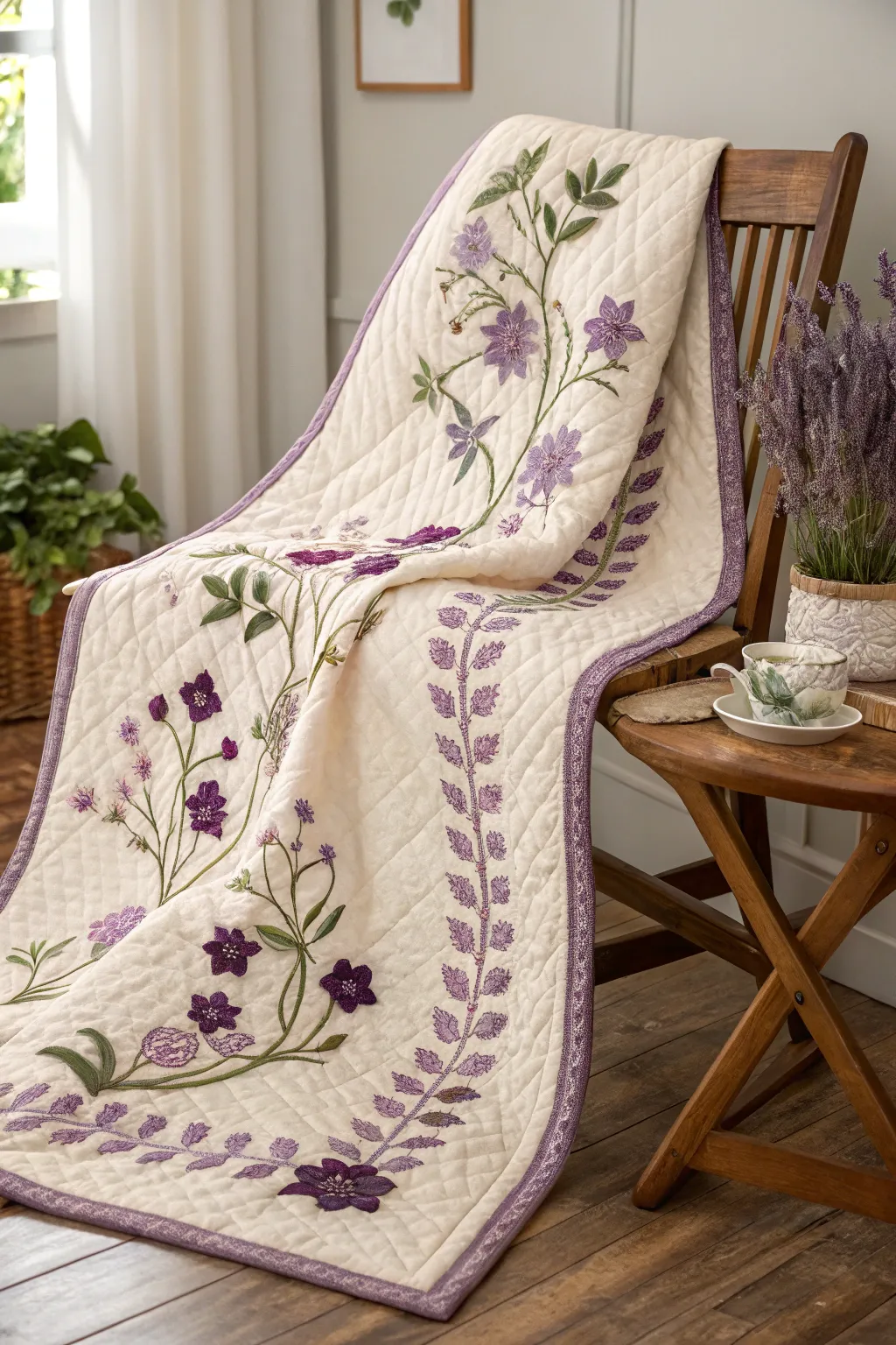 Embrace the beauty of spring with this stunning purple floral quilt, a perfect blend of Scandinavian minimalism and boho charm.