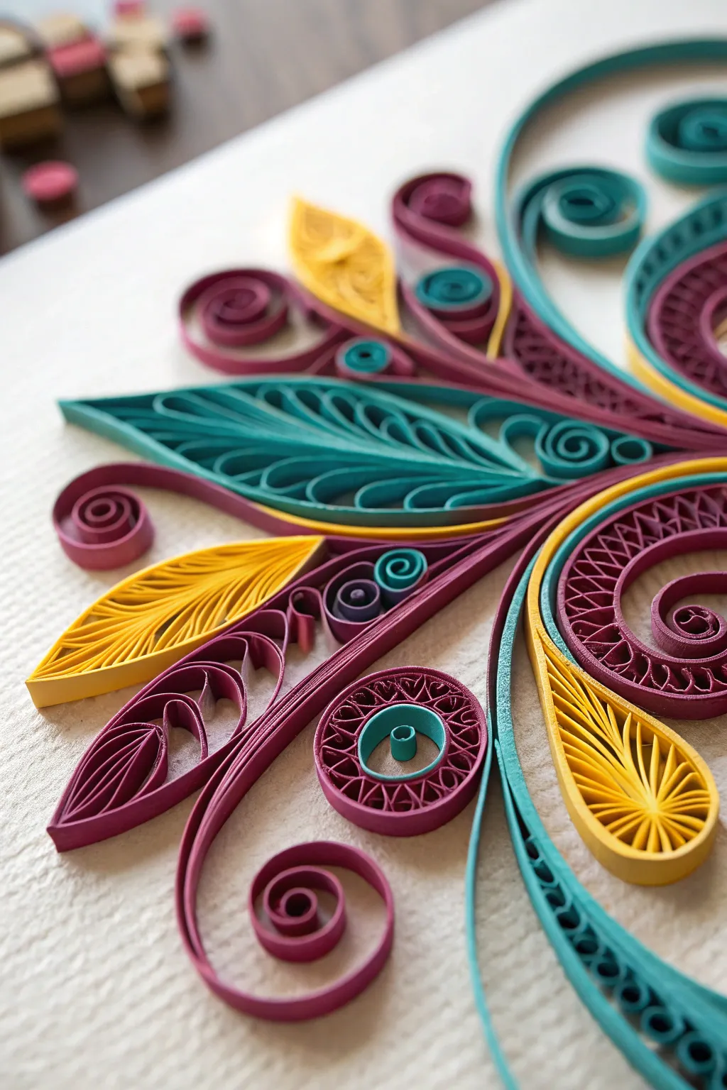 Dive into the mesmerizing world of quilling with these abstract patterns that beautifully blend bold colors and craftsmanship.
