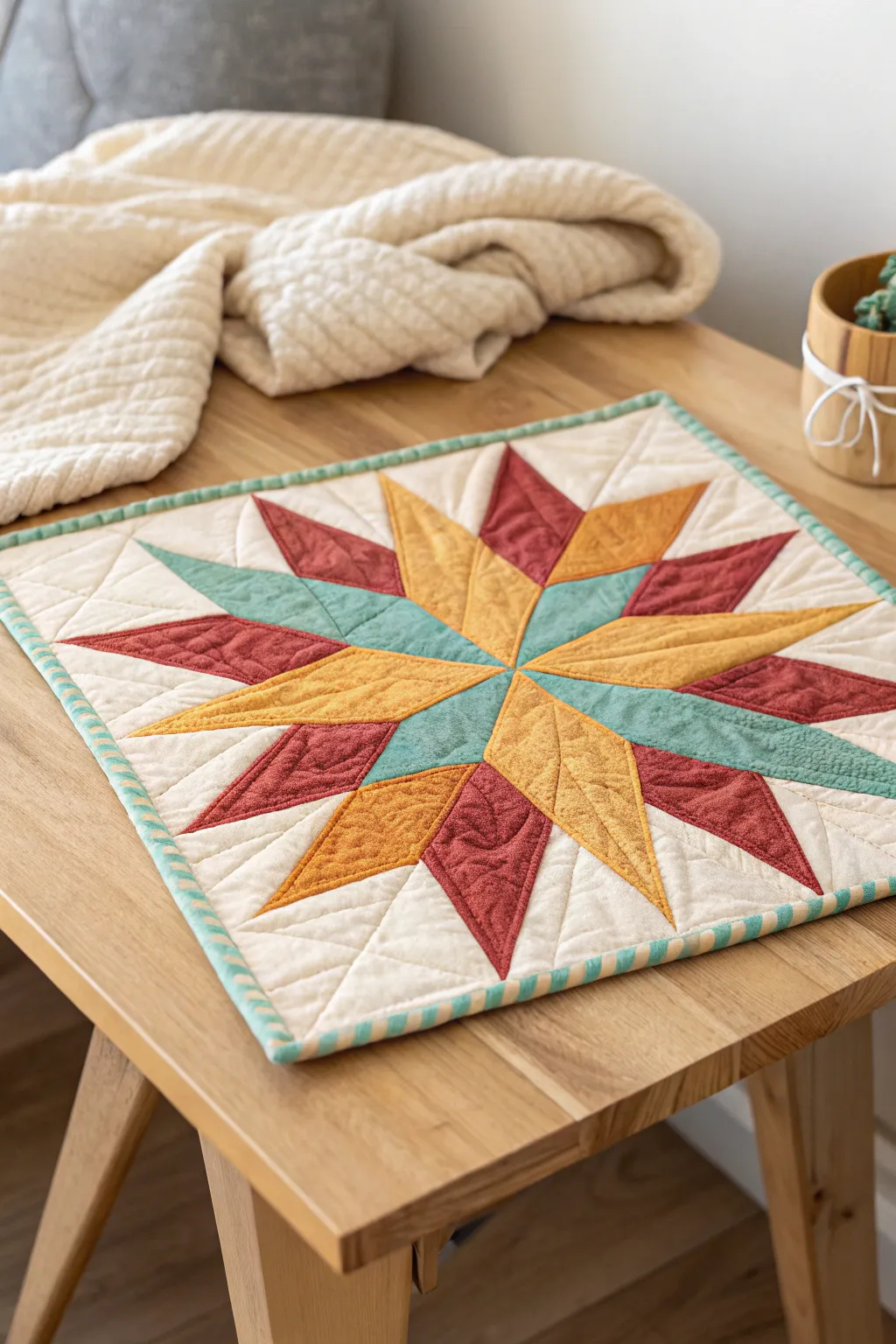 Illuminate your space with the vibrant charm of a Starburst quilt block, where simplicity meets artistry.