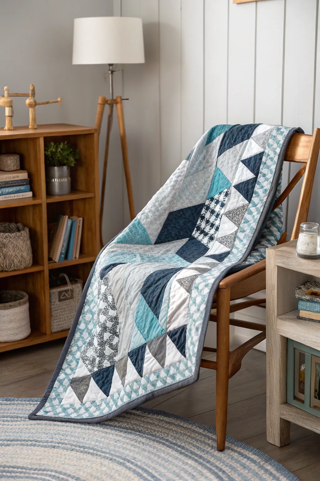 Crafted Comfort: Elevate any boy's room with the calming hues of blue and gray.