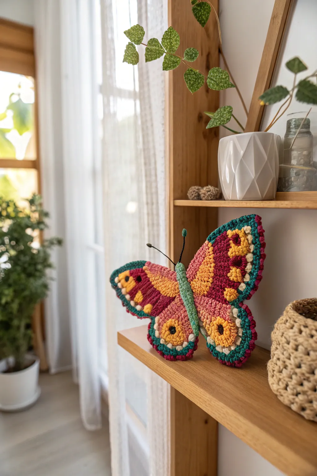 Discover the magic of transformation with this vibrant crocheted butterfly, a whimsical touch to any serene space.