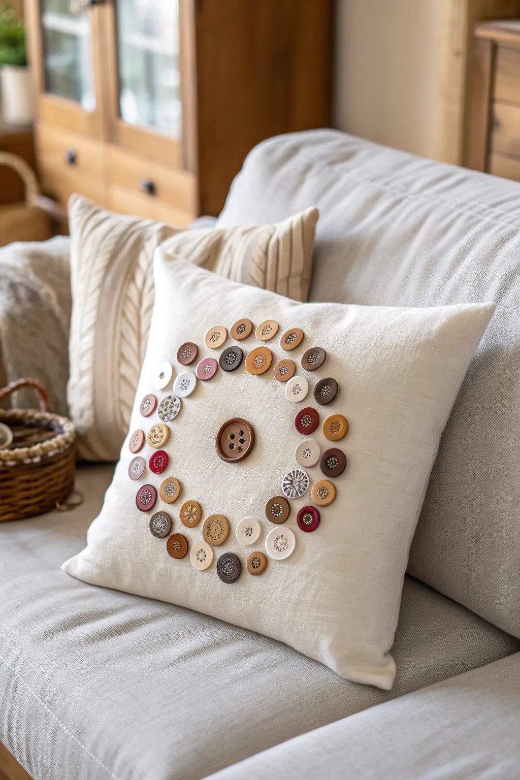 Transform nostalgia into art with a Button Wreath Pillow—a perfect blend of simplicity and charm.