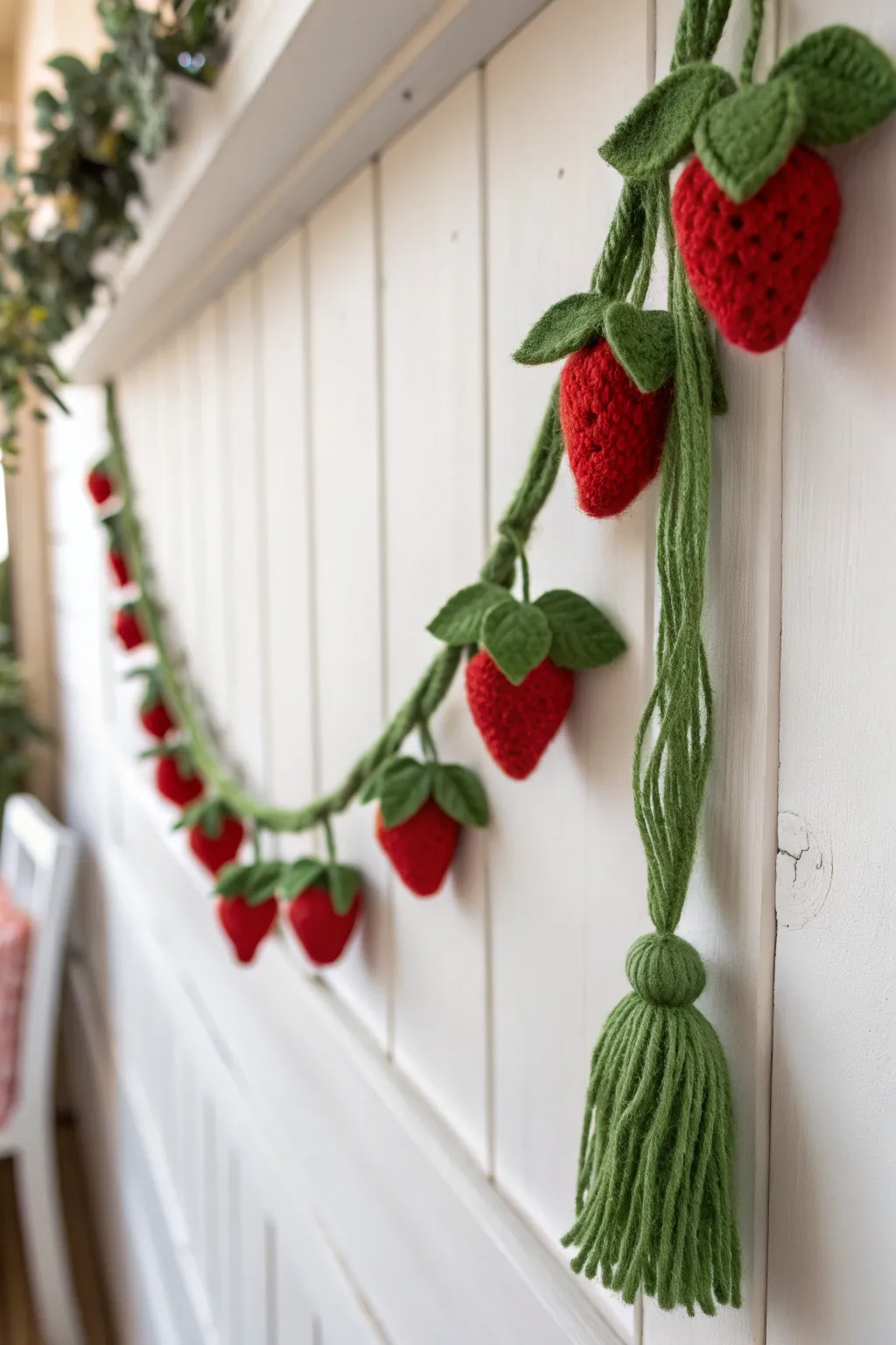 Add a sweet and endless summer vibe to your space with this charming handmade strawberry garland.