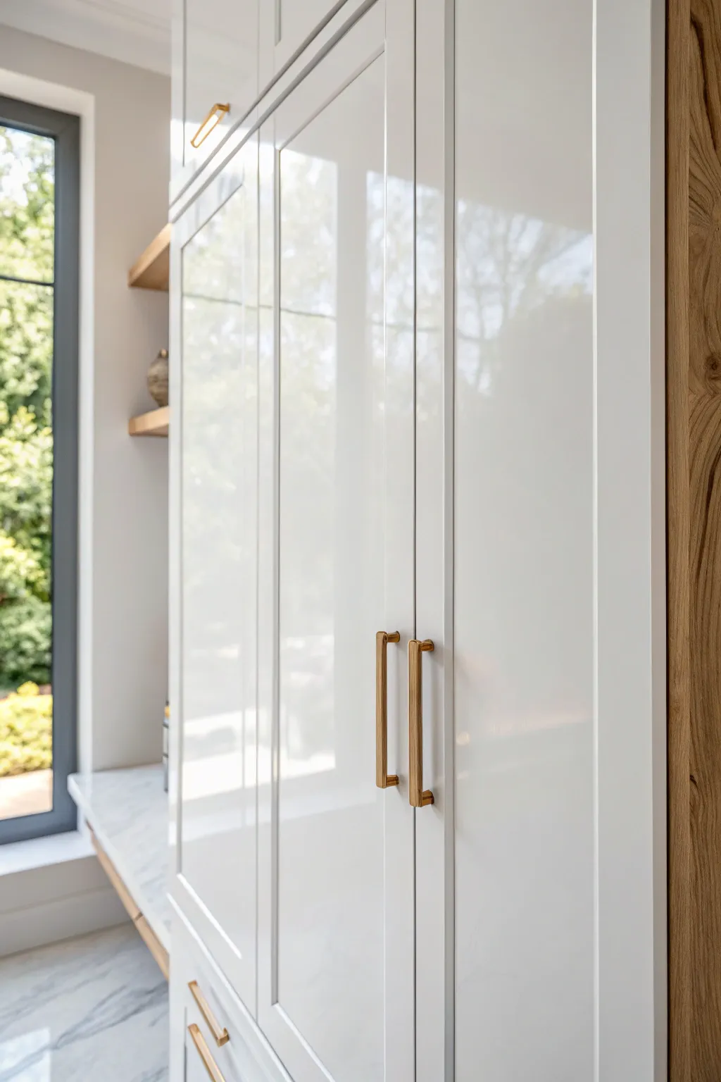 Elevate your kitchen with the chic elegance of high-gloss cabinets, blending Scandinavian minimalism with a touch of boho charm.