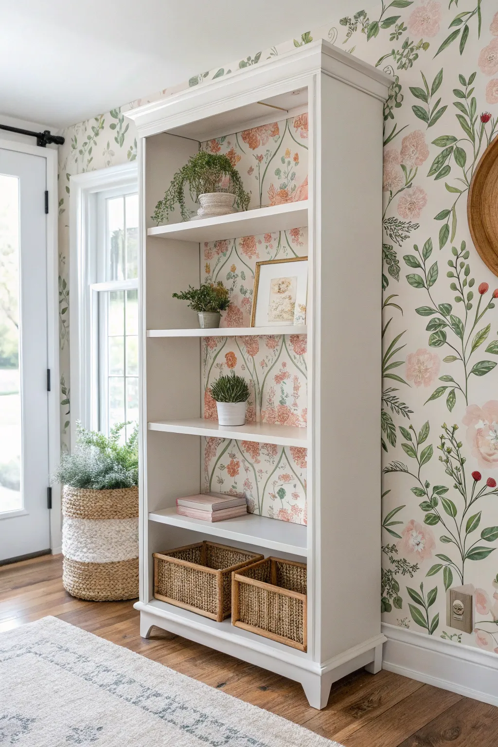 Elevate your space with a floral flourish: a simple wallpaper update for a stunning bookshelf transformation.