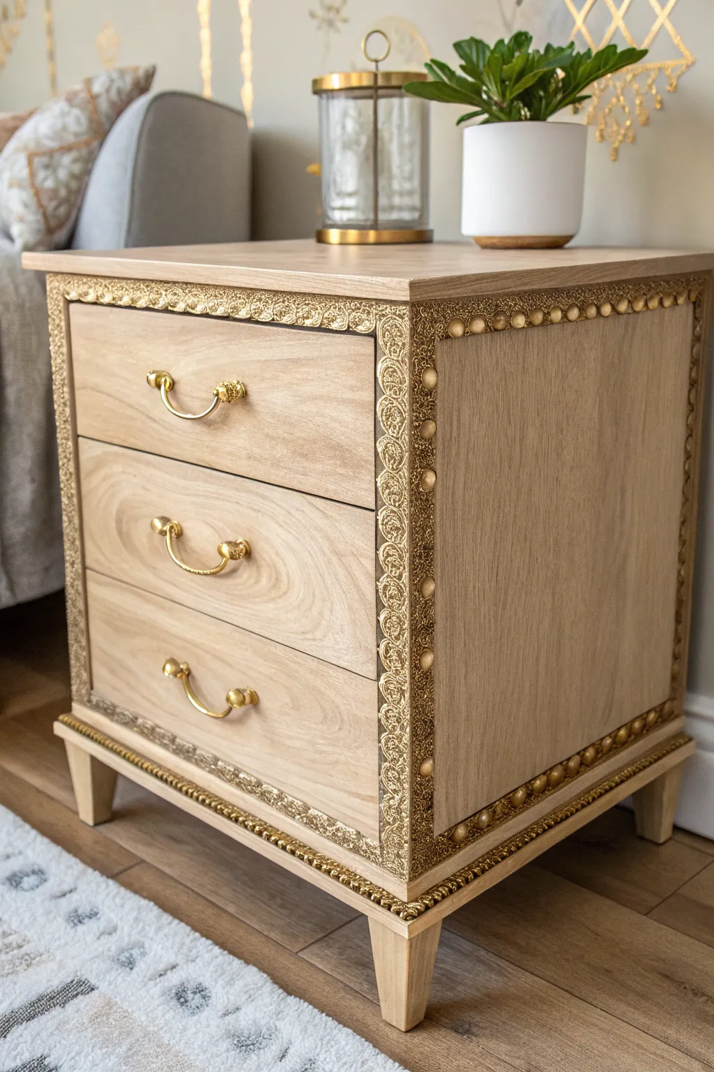 Transform your nightstand with chic gold accents for a touch of bohemian luxury.