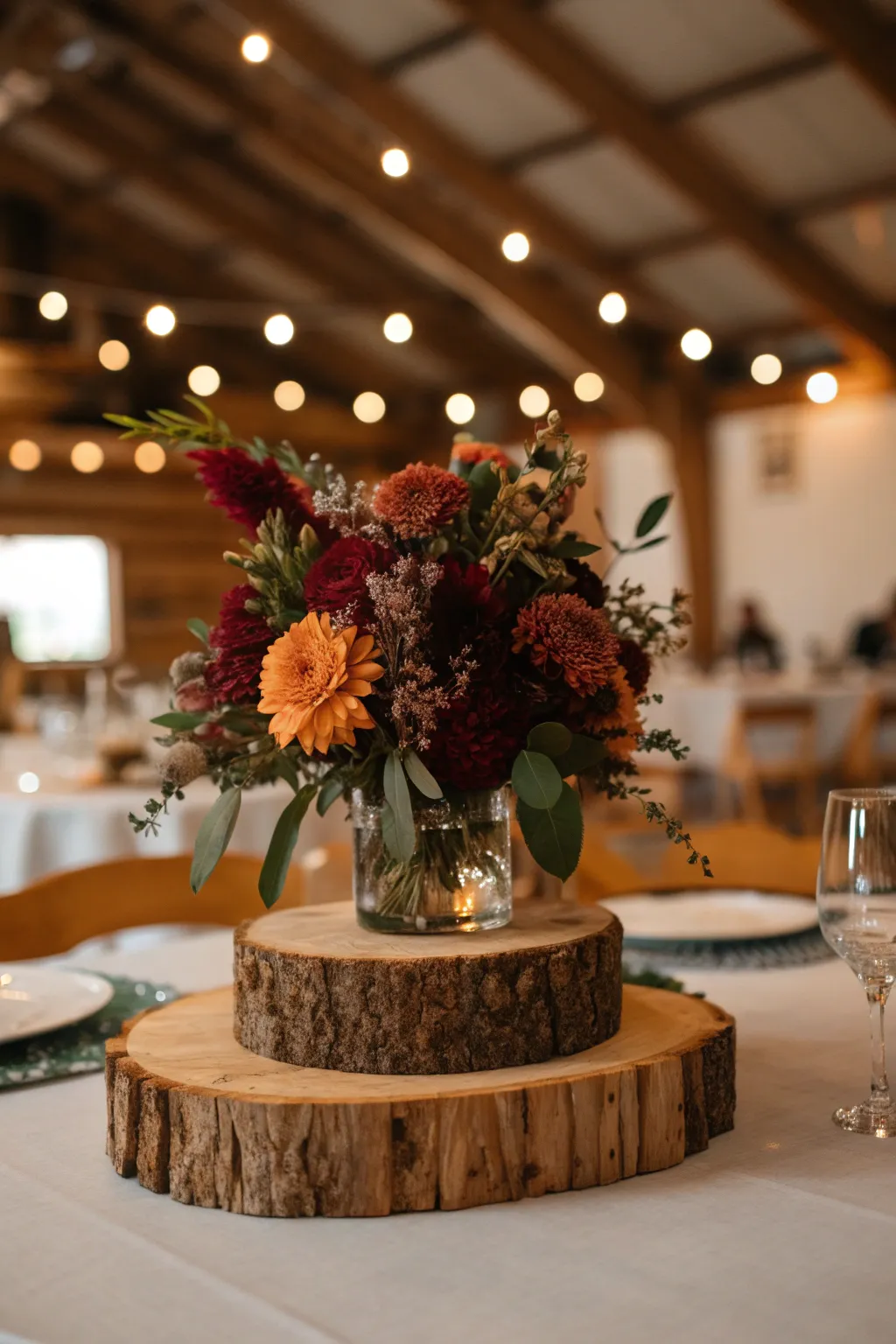 Rustic wood slices bring a touch of nature to your rehearsal dinner table, elevating the floral display with earthy elegance.