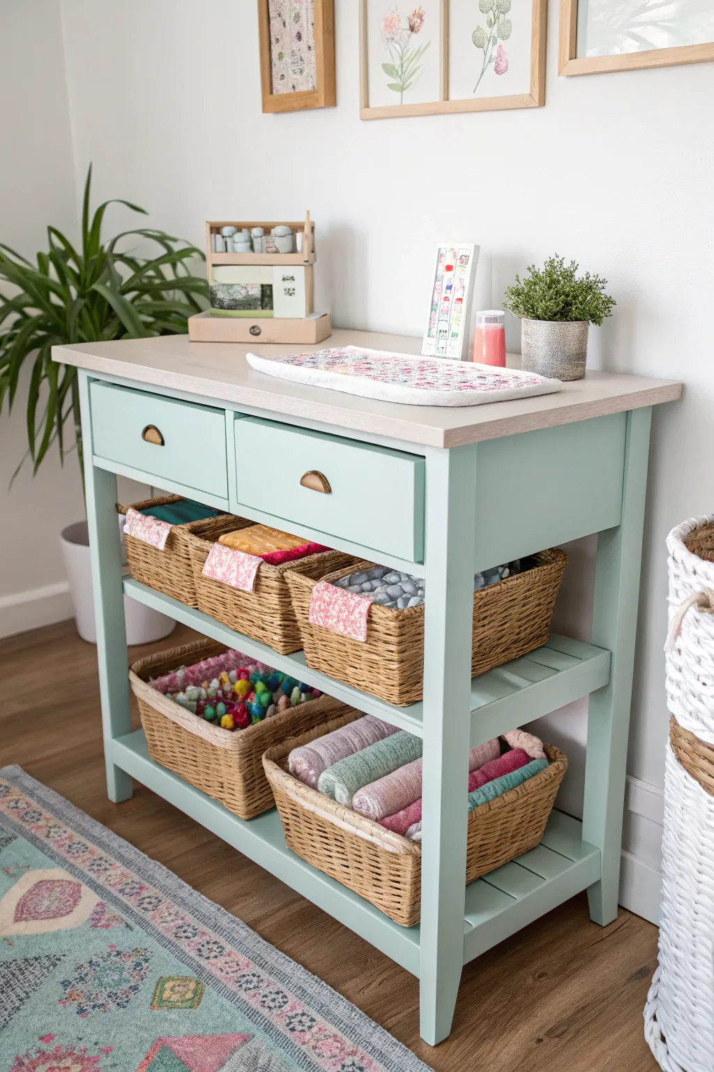 Transform your changing table into a chic sewing station, blending minimalist elegance with Boho charm.