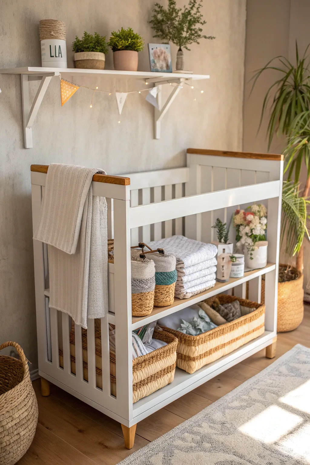 Transform your old crib into a chic storage solution that marries Scandinavian simplicity with Boho charm. #CraftyStorage #MinimalistHome