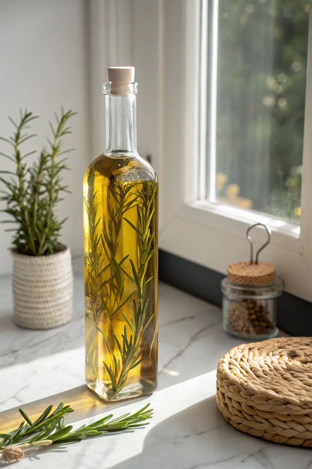 Transform your wine bottles into stylish infused oil containers, bringing a touch of natural beauty to your kitchen.